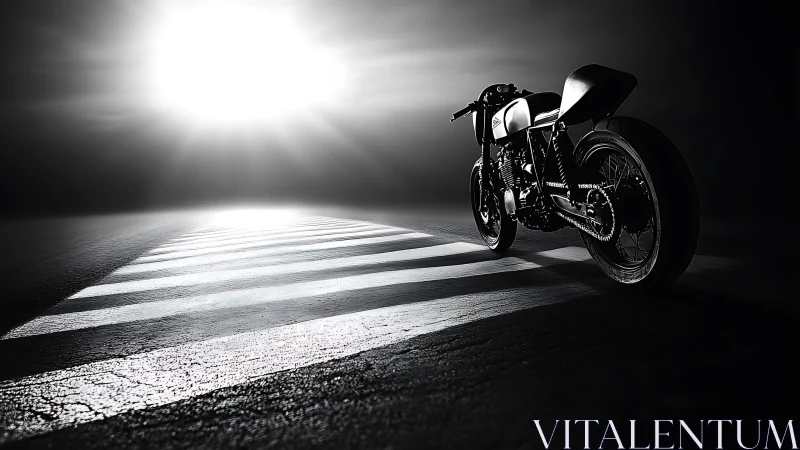 Custom motorcycle on dark road under intense backlight.