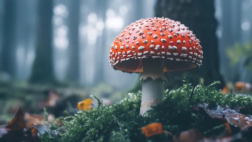 Fly agaric mushroom glows in misty forest undergrowth.