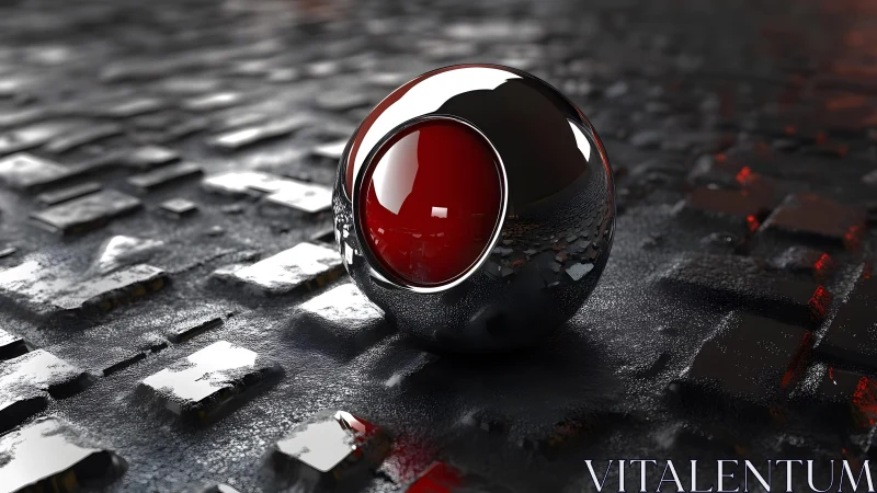 Reflective metallic sphere on textured dark grid surface.