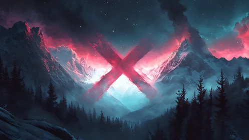 Glowing crimson X blazes above icy mountains at night