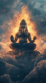 Gentle cosmic deity seated in glowing storm clouds.