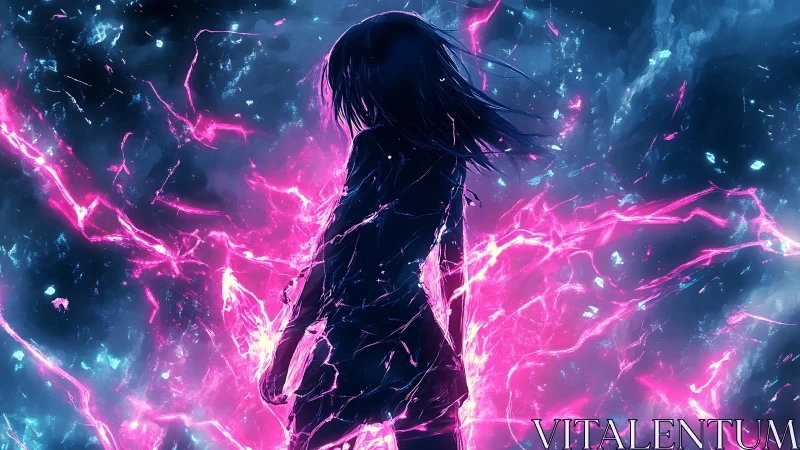Silhouetted girl commands neon energy in a stormy void