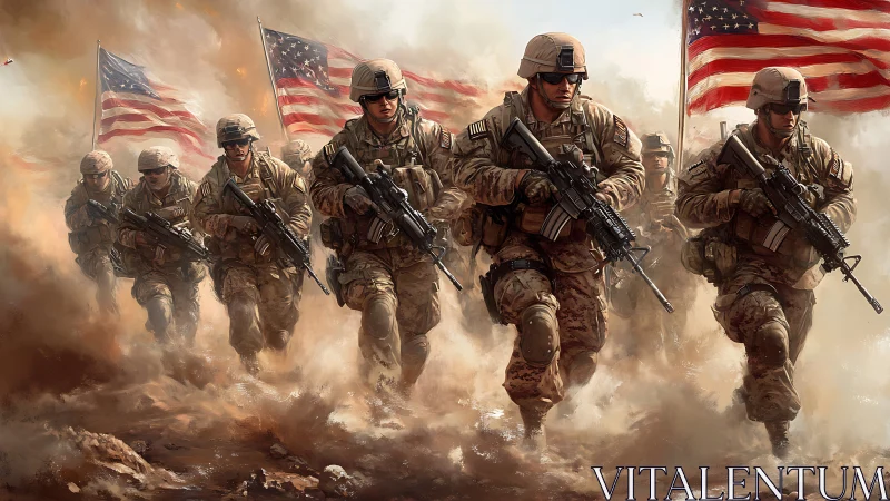 Dust-charged march of modern soldiers beneath bold flags.