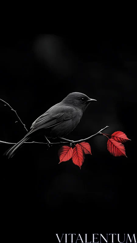 Bird Perched on Branch with Crimson Leaves.