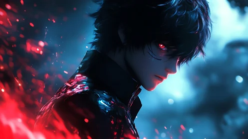 Dark-haired hero stands in glowing red and blue stormlight