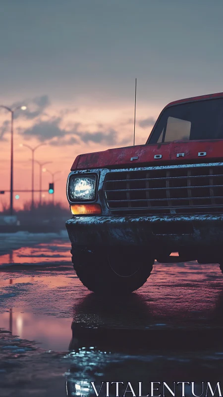 Weathered red pickup truck idles on wet urban street at dusk