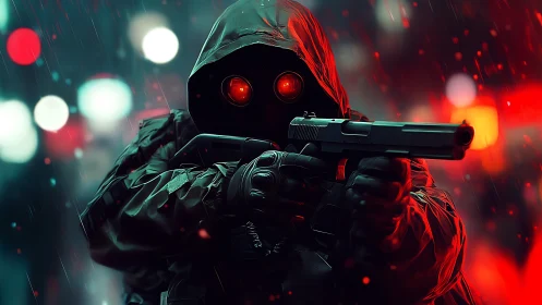 Hooded gunman in rain-soaked neon bokeh with red optic lenses