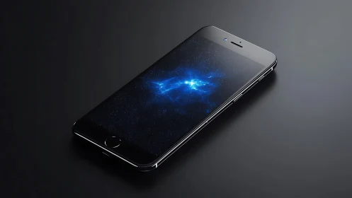 Oblique-view smartphone with luminous nebula display visualization.