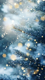 Snow covered fir branches glow amid soft golden bokeh light