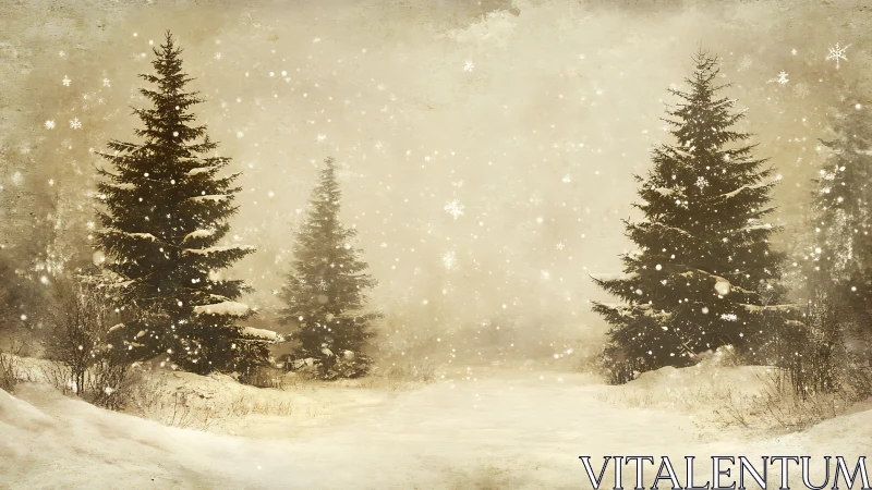 Snowy fir trees stand in a soft, nostalgic winter haze
