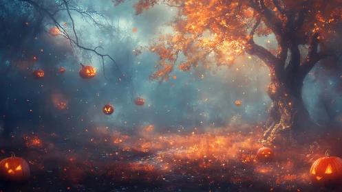 Ethereal autumn forest with levitating jack o&rsquo;lantern light sources