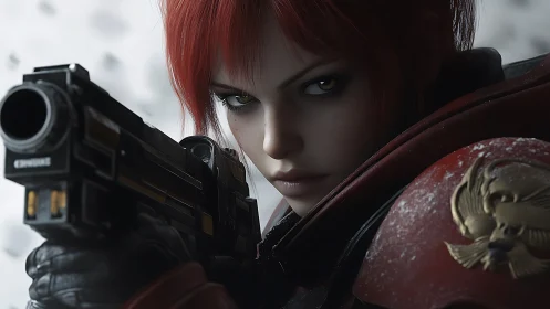 Fierce red haired warrior aiming forward with quiet resolve.