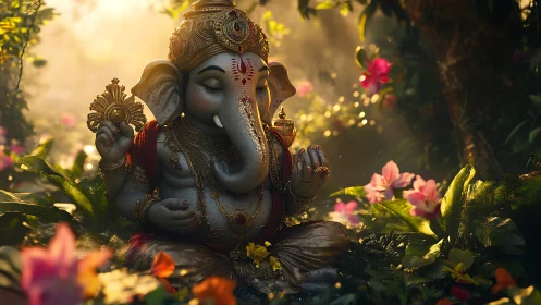 Garden dawn cradles a serene Ganesha in jeweled stillness