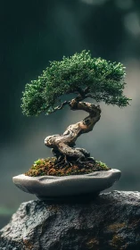 Bonsai tree in shallow pot is photographed under rainfall