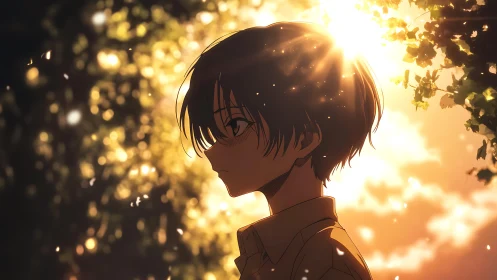 Soft sunset glow around a thoughtful anime boy outdoors.