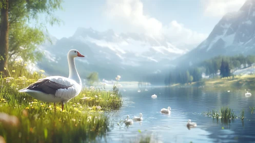 White goose by serene mountain lake with distant swans.