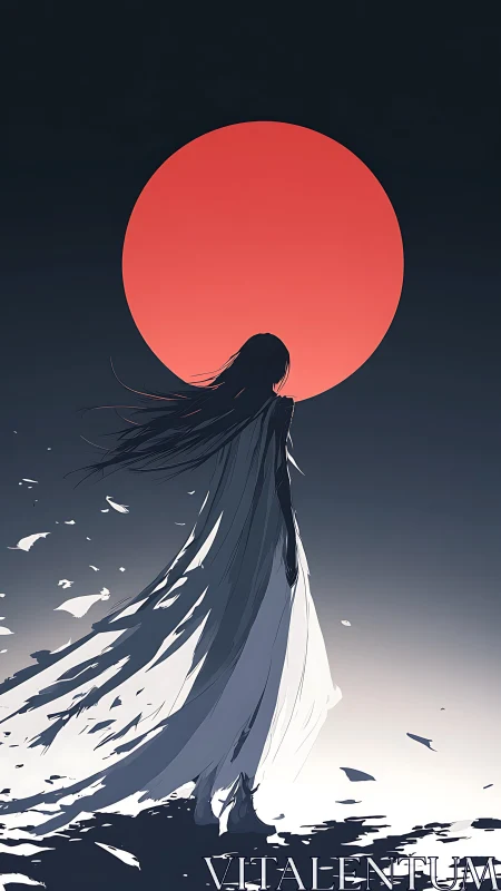Lone wanderer beneath a silent, glowing crimson moon.