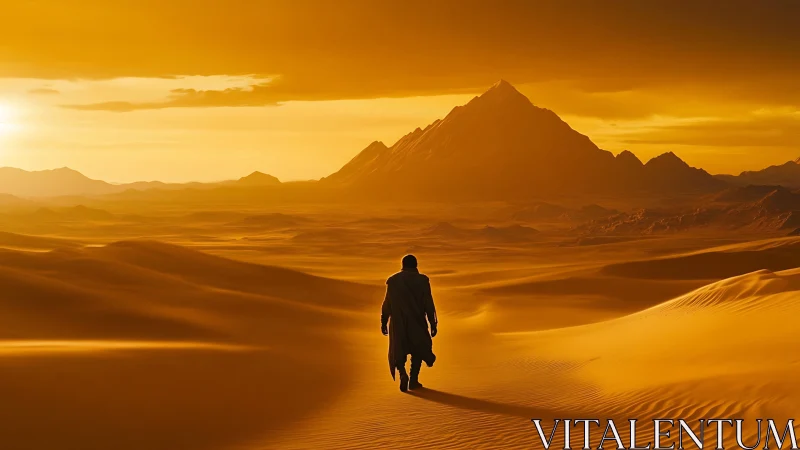 Wanderer in golden dunes beneath a distant silent peak.