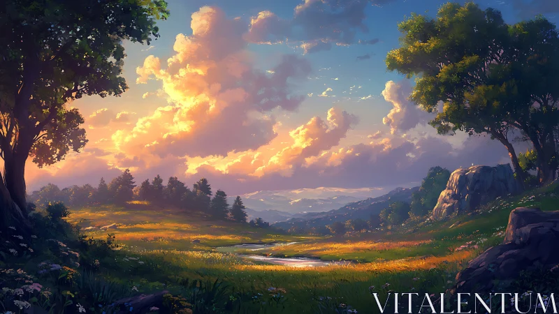 Sunlit valley meadow under dramatic sunset clouds.