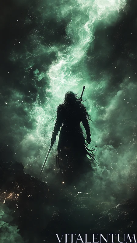 Dark swordbearer stands in swirling emerald stormveil.