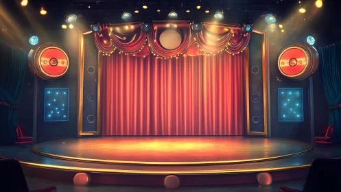 Empty circular stage under warm spotlights awaits performance