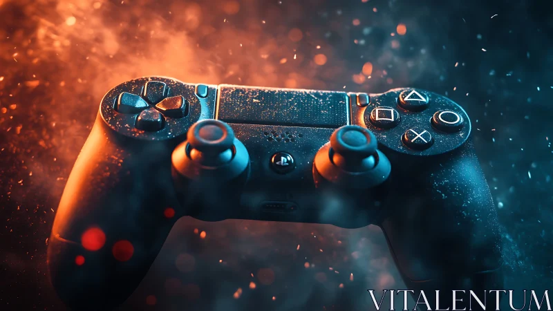 Game controller floats in blue and orange illuminated dust cloud