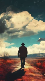 Lone cowboy silhouette walks into high-contrast desert horizon