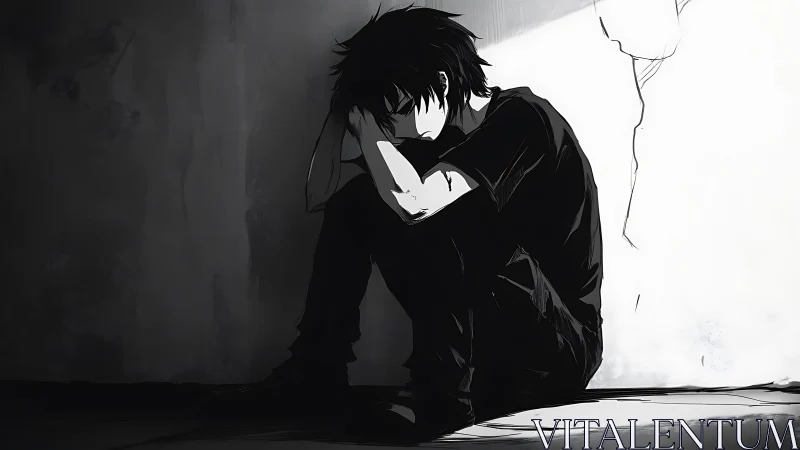 Solitary anime figure seated in stark chiaroscuro corner