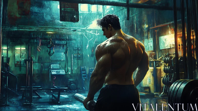 Midnight gym warrior pausing in the glow of neon rain.
