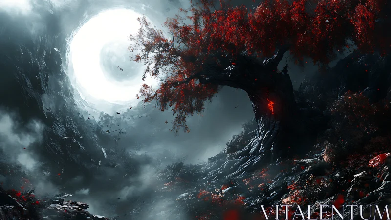 Ancient red tree overlooking bright circular sky portal.