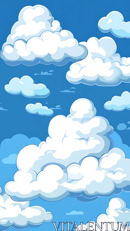 Cartoon cumulus clouds on clear bright blue sky background.