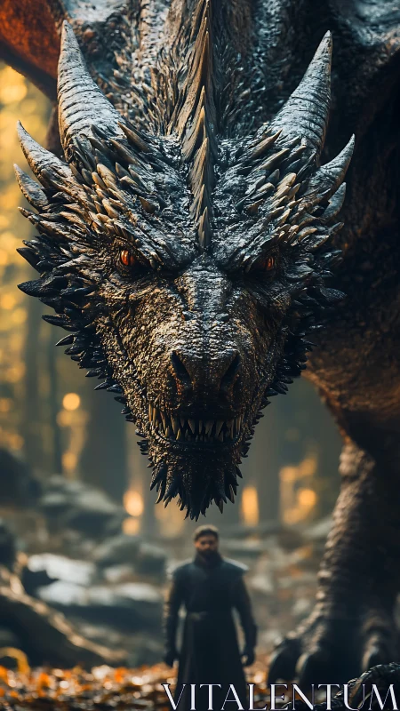 Armored dragon looming over cloaked rider in forest glare.