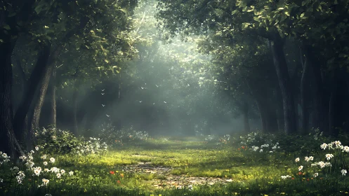 Forest Clearing with Filtered Sunlight and Flowering Meadow