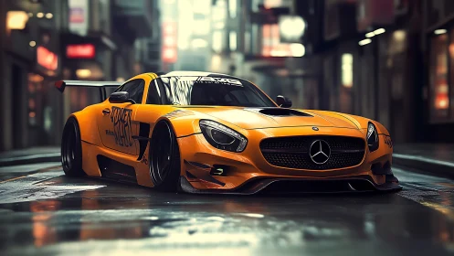 Orange Mercedes race car in glossy neon city street scene.