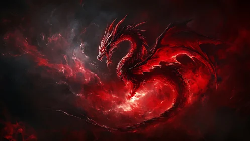 Fire-lit crimson dragon coils within a storm of raging embers