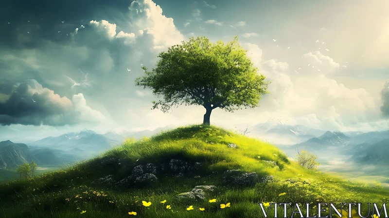 Solitary green tree crowning a sunlit hilltop meadow.