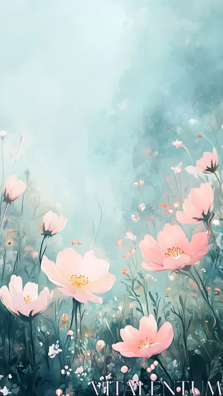 Luminous cosmos of soft pink blossoms rendered through ethereal aqueous wash