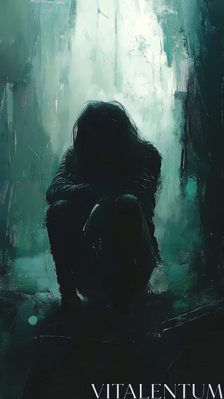 Solitary seated figure in dark teal abstract environment.