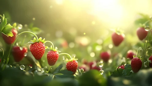 Backlit strawberry field renders with shallow bokeh depth of field