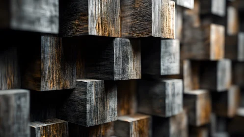 Geometric wooden blocks wall in modern abstract design style.