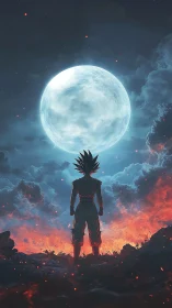 Lone warrior gazes at glowing moon above a fiery horizon