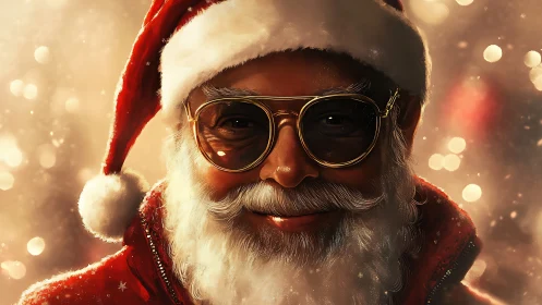 Modern Santa portrait with golden bokeh and warm lighting.