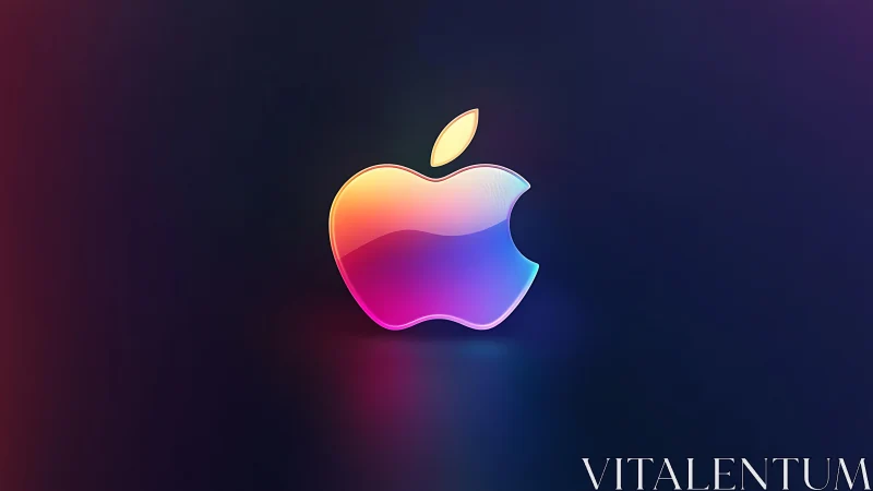 3D chromatic apple emblem on dark gradient field.
