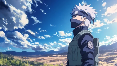 Masked wanderer beneath a wide, windbrushed anime sky.