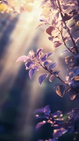 Backlit violet foliage with ethereal sunbeams in bokeh field.