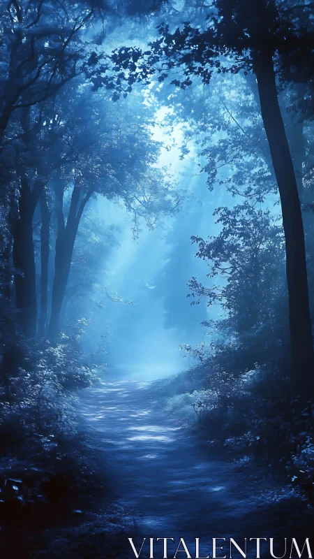 Woodland Path with Blue Light Filtering Through Dense Canopy.