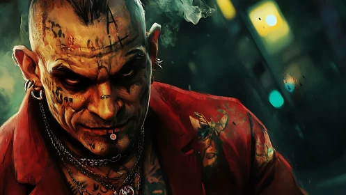 Street-tough punk gazes ahead with smoldering neon intensity