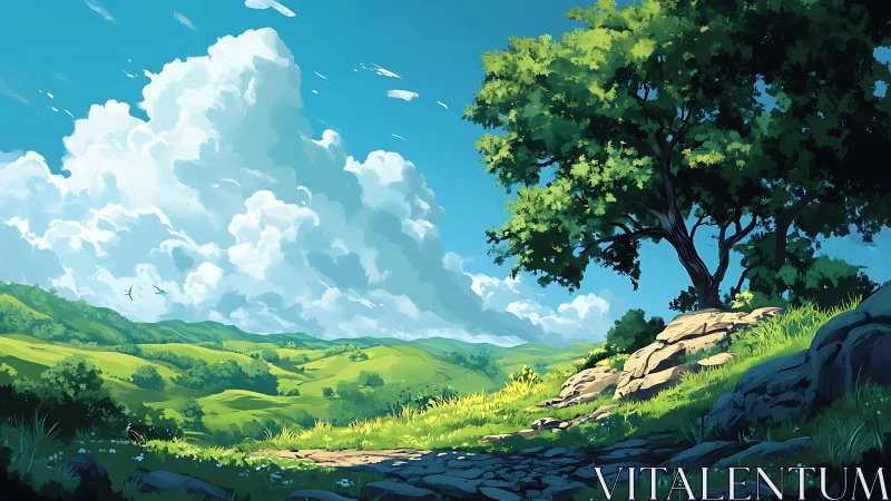 Hilly landscape under cumulus clouds with solitary tree.