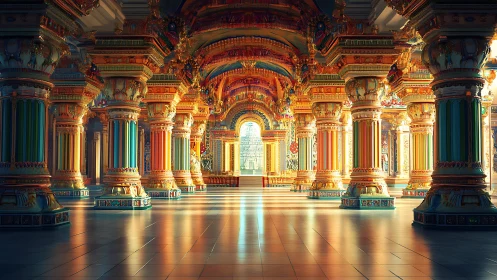 Sunlit rainbow colonnade in a jeweled palace of echoes.