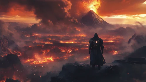 Lone cloaked wanderer overlooking erupting volcanic wasteland